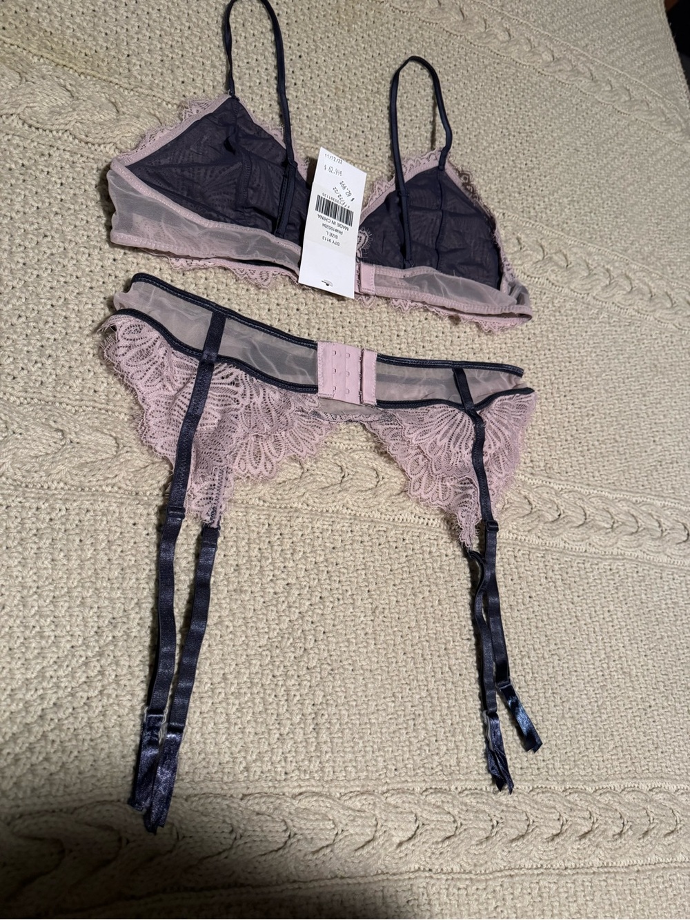 Sheer Lace Bralette, Briefs & Garter Set in Light Gray
